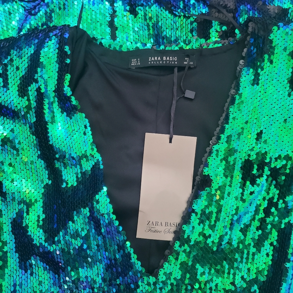 Zara Iridescent Green-Blue Sequin V-Neck Dress - Picture 4 of 6
